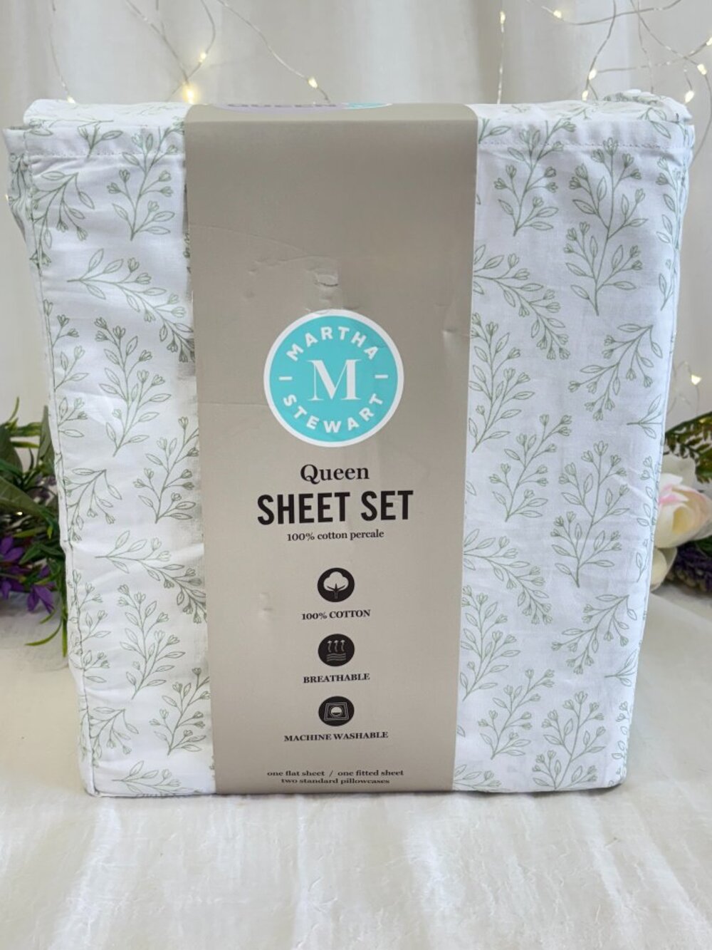 Martha Stewart Gracie Floral White Green 4PC Queen Sheet Set Cotton New